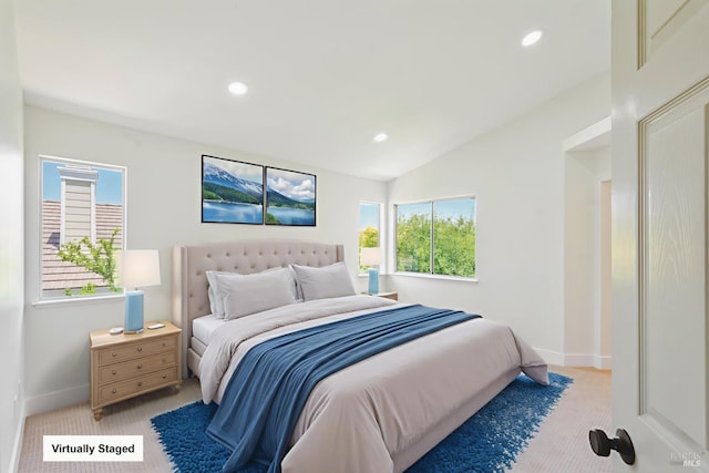 2752 Hillview Dr, Fairfield, CA 94534 - bedroom featuring multiple windows, baseboards, light carpet, recessed lighting, and vaulted ceiling