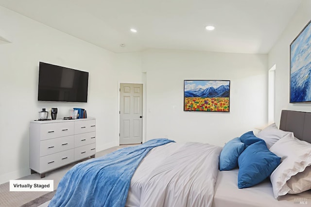 2752 Hillview Dr, Fairfield, CA 94534 - bedroom with light colored carpet, vaulted ceiling, recessed lighting, and baseboards
