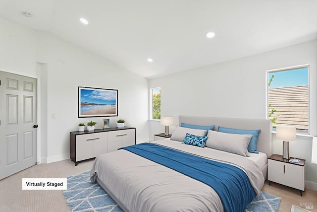 2752 Hillview Dr, Fairfield, CA 94534 - bedroom with light carpet, baseboards, lofted ceiling, and recessed lighting