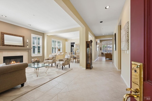 90 Oak Shade Ln, Novato, CA 94945 - foyer with a fireplace, light tile patterned floors, recessed lighting, baseboards, and crown molding