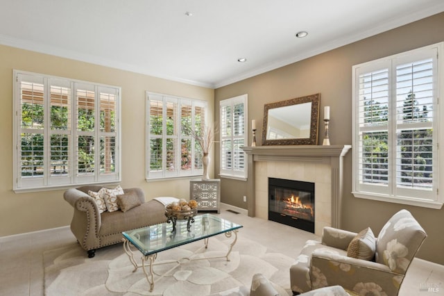 90 Oak Shade Ln, Novato, CA 94945 - living room with plenty of natural light, baseboards, a tiled fireplace, ornamental molding, and recessed lighting