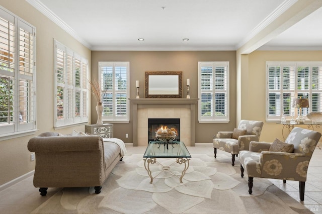 90 Oak Shade Ln, Novato, CA 94945 - tiled living room featuring healthy amount of natural light, a fireplace, baseboards, and crown molding