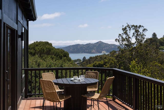 90 George Ln, Sausalito, CA 94965 - wooden terrace featuring outdoor dining area and a water and mountain view