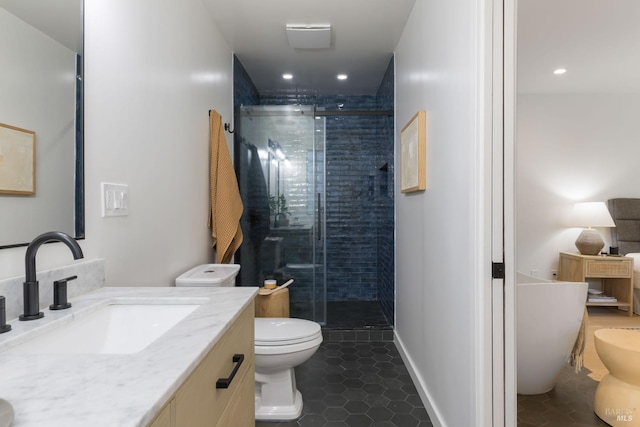 90 George Ln, Sausalito, CA 94965 - bathroom with toilet, vanity, a shower stall, tile patterned flooring, and recessed lighting