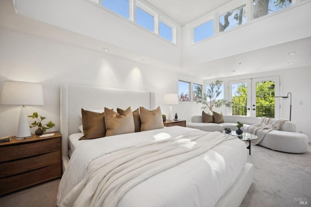 84 Eastview Ave, Tiburon, CA 94920 - carpeted bedroom with a towering ceiling, access to exterior, and french doors