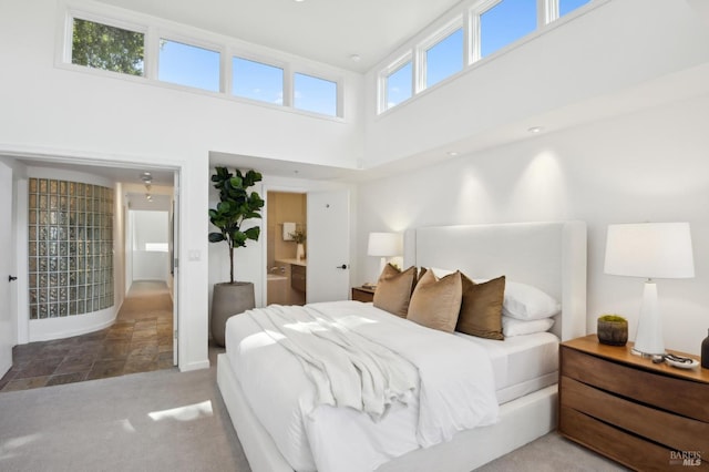 84 Eastview Ave, Tiburon, CA 94920 - bedroom with a towering ceiling, carpet floors, and ensuite bath