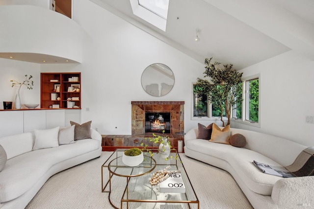 84 Eastview Ave, Tiburon, CA 94920 - living room featuring a skylight, a tile fireplace, and high vaulted ceiling