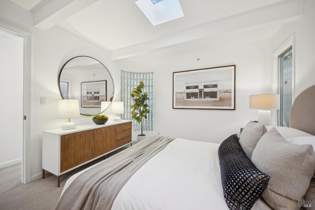 84 Eastview Ave, Tiburon, CA 94920 - bedroom featuring a skylight, beamed ceiling, and light carpet