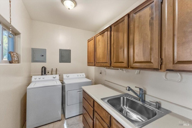 20320 Hollands Ln, Willits, CA 95490 - washroom featuring washer and dryer, electric panel, cabinet space, and light tile patterned floors