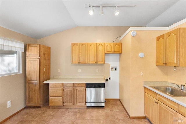 20320 Hollands Ln, Willits, CA 95490 - kitchen featuring dishwasher, a sink, vaulted ceiling, light countertops, and light brown cabinets