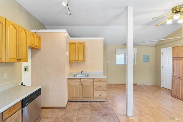 20320 Hollands Ln, Willits, CA 95490 - kitchen featuring dishwasher, vaulted ceiling, a ceiling fan, light countertops, and light wood-style flooring