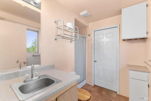 20320 Hollands Ln, Willits, CA 95490 - bathroom with a stall shower, tile patterned flooring, and vanity