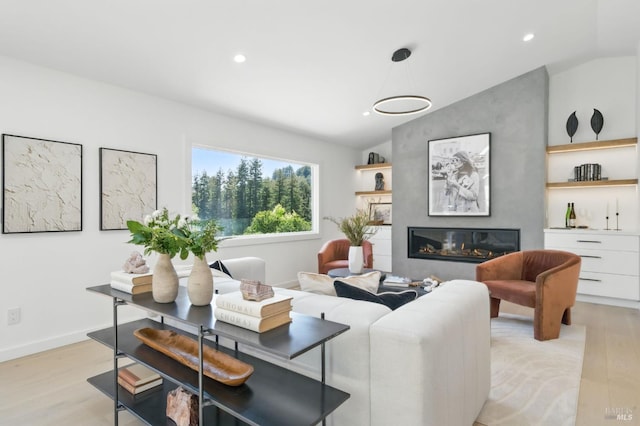21 Sheridan Ct, Mill Valley, CA 94941 - living area with light wood-style flooring, vaulted ceiling, recessed lighting, a large fireplace, and baseboards
