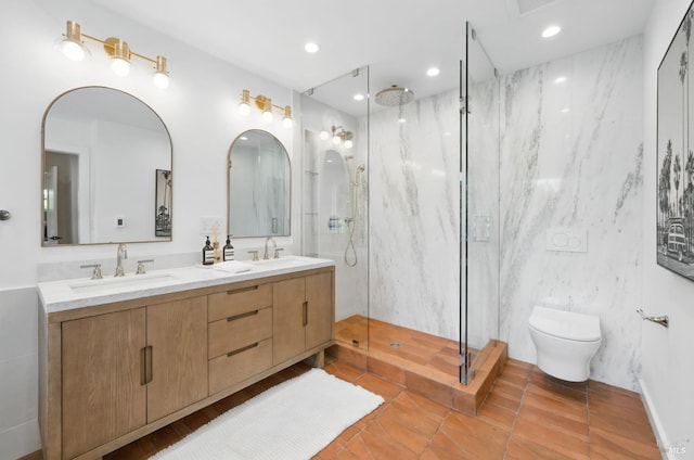 21 Sheridan Ct, Mill Valley, CA 94941 - full bathroom with double vanity, a marble finish shower, toilet, recessed lighting, and tile patterned flooring