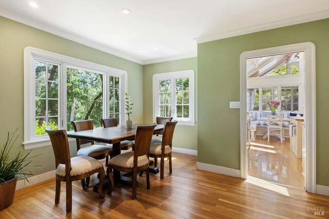 3227 State Highway 128, Calistoga, CA 94515 - dining room featuring baseboards, crown molding, light wood finished floors, and recessed lighting