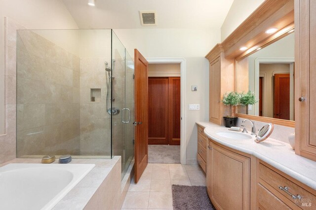 3227 State Highway 128, Calistoga, CA 94515 - bathroom featuring a stall shower, vanity, a bath, and tile patterned floors