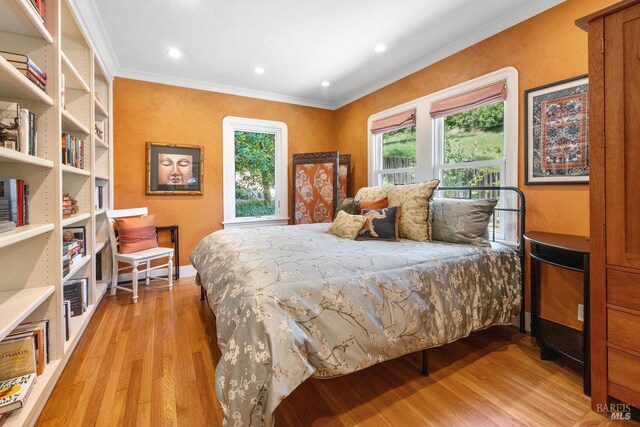 3227 State Highway 128, Calistoga, CA 94515 - bedroom featuring crown molding, light wood-style floors, multiple windows, and recessed lighting