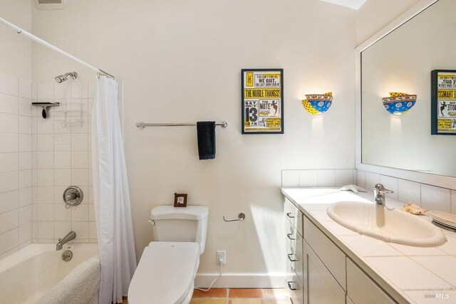 3227 State Highway 128, Calistoga, CA 94515 - full bathroom with toilet, vanity, shower / bathtub combination with curtain, tile patterned flooring, and baseboards