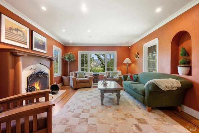 3227 State Highway 128, Calistoga, CA 94515 - living area with light wood finished floors, recessed lighting, a warm lit fireplace, crown molding, and baseboards