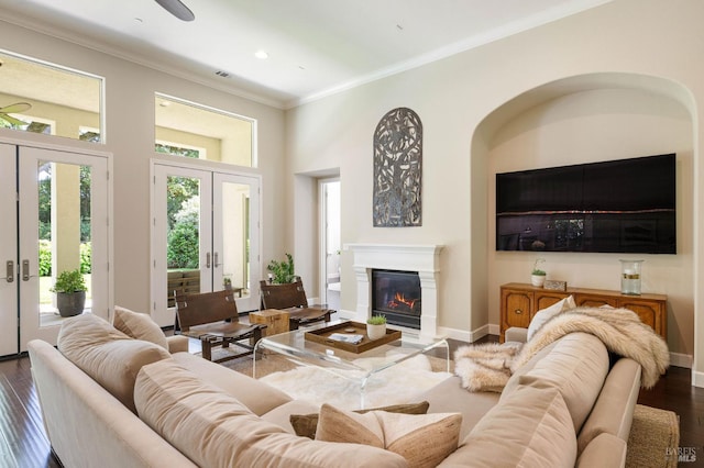907 Serendipity Way, Napa, CA 94558 - living area featuring a glass covered fireplace, ornamental molding, dark wood-style flooring, recessed lighting, and a high ceiling