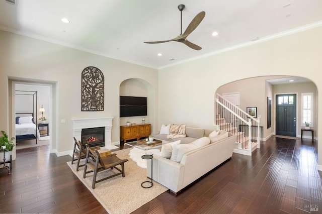 907 Serendipity Way, Napa, CA 94558 - living room featuring stairs, a ceiling fan, arched walkways, recessed lighting, and dark wood finished floors