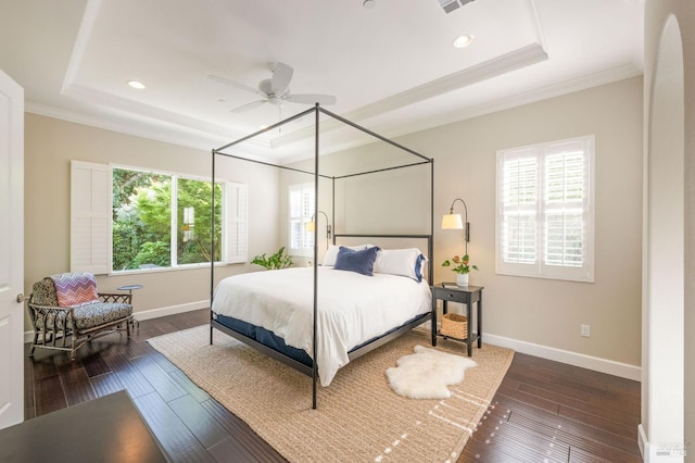 907 Serendipity Way, Napa, CA 94558 - bedroom featuring a tray ceiling, ornamental molding, dark wood-style floors, recessed lighting, and a ceiling fan