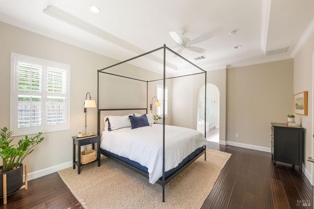 907 Serendipity Way, Napa, CA 94558 - bedroom with a raised ceiling, ornamental molding, multiple windows, dark wood-type flooring, and recessed lighting