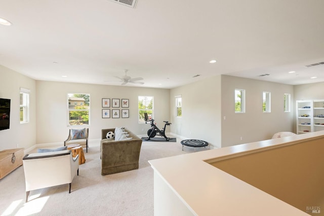 907 Serendipity Way, Napa, CA 94558 - living room with light colored carpet, recessed lighting, and a ceiling fan