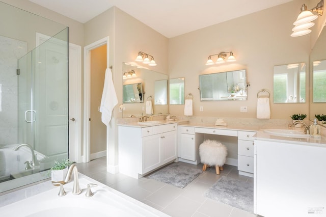 907 Serendipity Way, Napa, CA 94558 - full bathroom with a stall shower, double vanity, tile patterned floors, and a bath