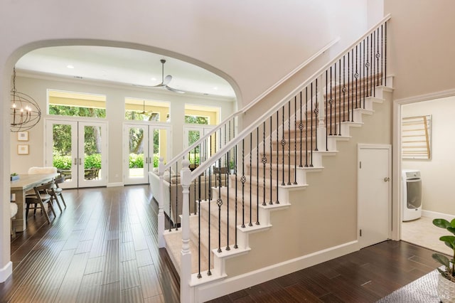907 Serendipity Way, Napa, CA 94558 - stairs with washer / dryer, arched walkways, wood finished floors, crown molding, and a ceiling fan