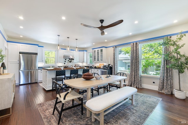 660 S Main St, Sebastopol, CA 95472 - dining area featuring a ceiling fan, recessed lighting, dark wood-style flooring, and baseboards