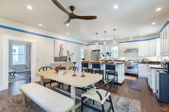 660 S Main St, Sebastopol, CA 95472 - dining space with a ceiling fan, dark wood-type flooring, recessed lighting, and baseboards