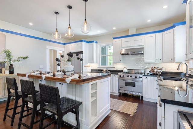660 S Main St, Sebastopol, CA 95472 - kitchen featuring designer stove, a sink, extractor fan, white cabinets, and recessed lighting