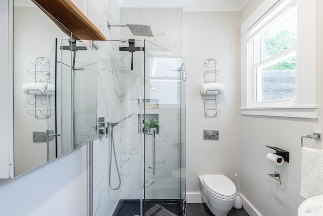 660 S Main St, Sebastopol, CA 95472 - bathroom with toilet, a marble finish shower, and ornamental molding
