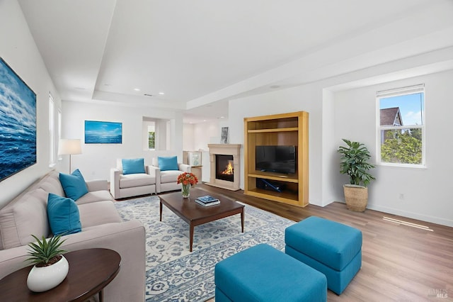 1142 Kellogg St, Suisun City, CA 94585 - living area with wood finished floors, baseboards, a raised ceiling, a glass covered fireplace, and recessed lighting