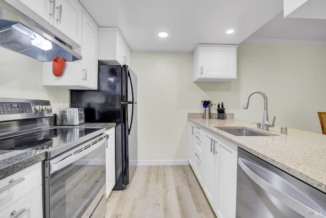 131 Roundtree Blvd, San Rafael, CA 94903 - kitchen featuring appliances with stainless steel finishes, under cabinet range hood, a sink, light wood-style floors, and light stone counters