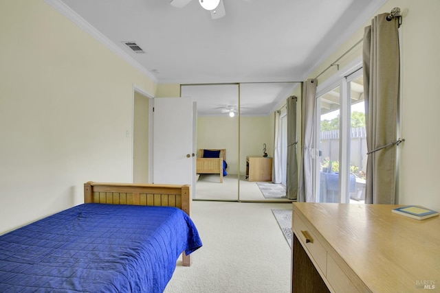 131 Roundtree Blvd, San Rafael, CA 94903 - bedroom with carpet flooring, crown molding, access to outside, ceiling fan, and a closet