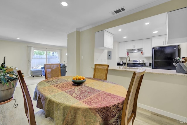 131 Roundtree Blvd, San Rafael, CA 94903 - dining room featuring recessed lighting, electric panel, light wood-style floors, and ornamental molding