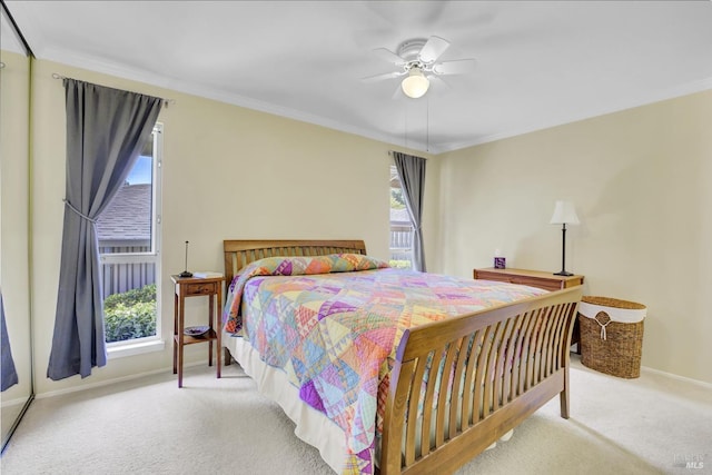 131 Roundtree Blvd, San Rafael, CA 94903 - carpeted bedroom with multiple windows, baseboards, crown molding, and ceiling fan