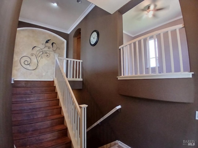 2743 Overlook Dr, Vallejo, CA 94591 - stairway with ornamental molding and ceiling fan