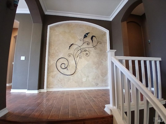 2743 Overlook Dr, Vallejo, CA 94591 - stairs with wood finished floors, ornamental molding, arched walkways, and baseboards