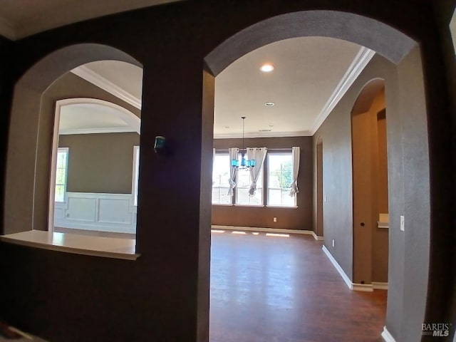2743 Overlook Dr, Vallejo, CA 94591 - hall with ornamental molding, baseboards, wood finished floors, a chandelier, and recessed lighting