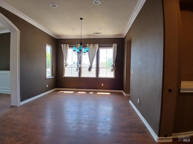 2743 Overlook Dr, Vallejo, CA 94591 - unfurnished dining area featuring arched walkways, plenty of natural light, a chandelier, crown molding, and recessed lighting