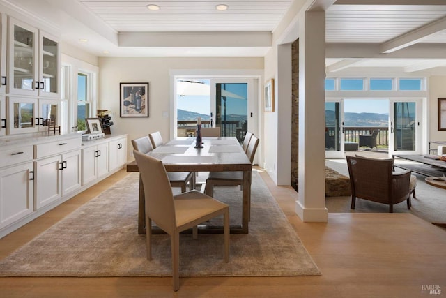 2557 Trinity Rd, Glen Ellen, CA 95442 - dining space featuring wooden ceiling with exposed beams, recessed lighting, light wood-style floors, and a mountain view