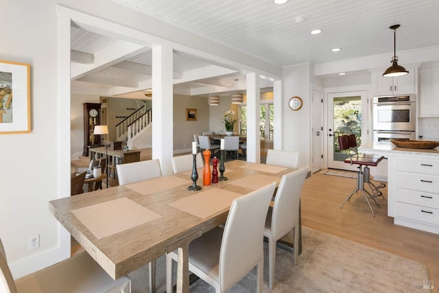 2557 Trinity Rd, Glen Ellen, CA 95442 - dining space with stairs, recessed lighting, light wood-style floors, and wooden ceiling with exposed beams