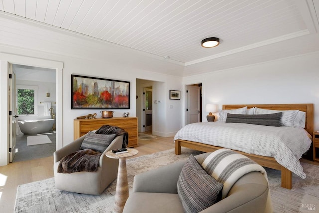 2557 Trinity Rd, Glen Ellen, CA 95442 - bedroom with light wood-style flooring, ensuite bathroom, baseboards, and wood ceiling