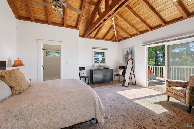 2557 Trinity Rd, Glen Ellen, CA 95442 - bedroom featuring wood ceiling with exposed beams, access to exterior, multiple windows, wood finished floors, and high vaulted ceiling