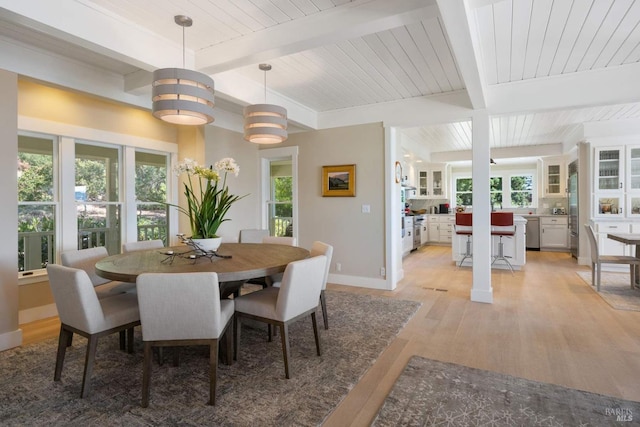 2557 Trinity Rd, Glen Ellen, CA 95442 - dining area with light wood finished floors, baseboards, and wooden ceiling with exposed beams