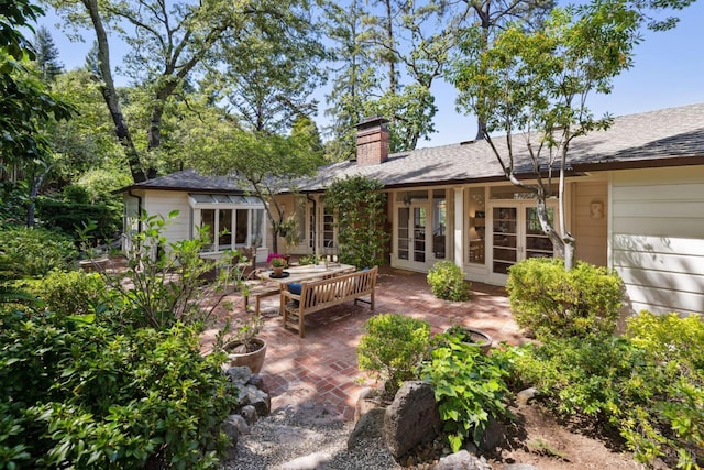 37 Rancheria Rd, Kentfield, CA 94904 - back of house featuring a patio area, a chimney, and roof with shingles