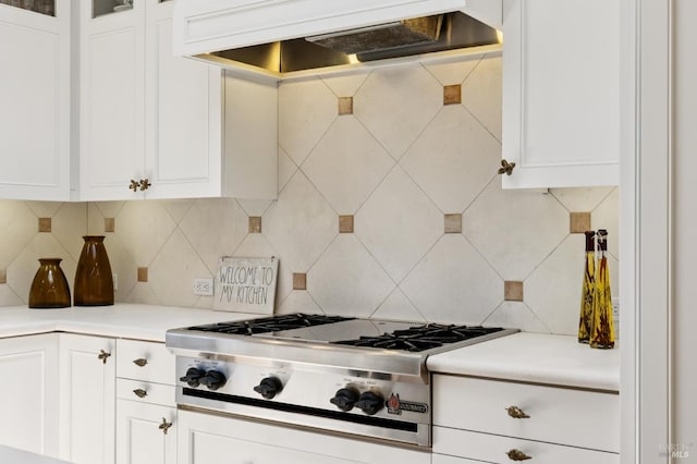 37 Rancheria Rd, Kentfield, CA 94904 - kitchen featuring stainless steel gas stovetop, premium range hood, tasteful backsplash, white cabinets, and light countertops
